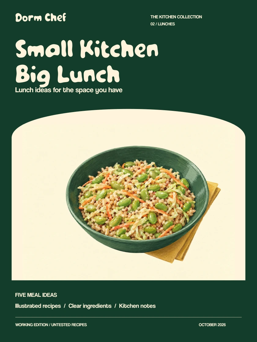 Small Kitchen Big Lunch working-edition cover with an illustrated edamame grain bowl