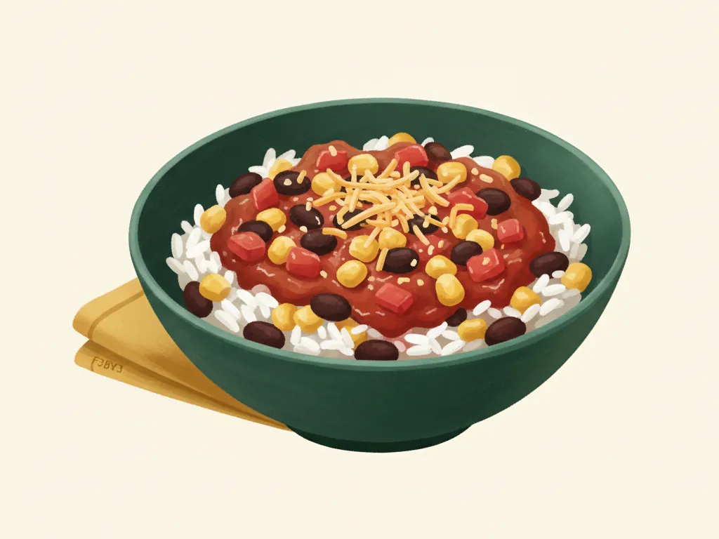 Illustration of salsa, beans, corn and cheddar over rice in a green bowl